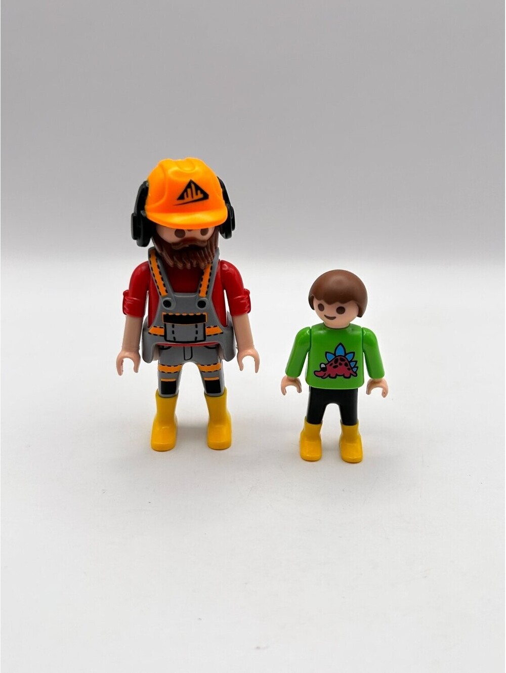 Playmobil ©1992 Geobra Construction Worker Orange Hard Hat & Boy Dinosaur Shirt